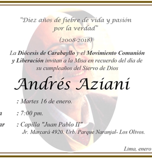 Invitación a la misa de Andrés Aziani.
