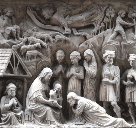 Elia y Giovanni Gagini, Adoración de los Reyes Magos, 1457. Via degli Orefici, Génova, la imagen del Cartel de Navidad de CL.