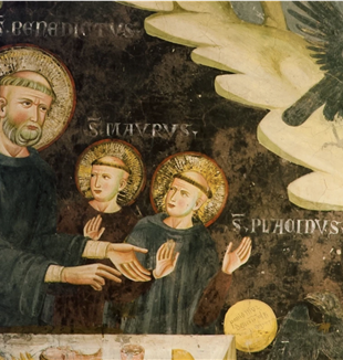 San Benito con san Mauro y san Plácido, sus primeros discípulos, en un fresco conservado en Subiaco (foto monasterosanbenedettosubiaco.it)